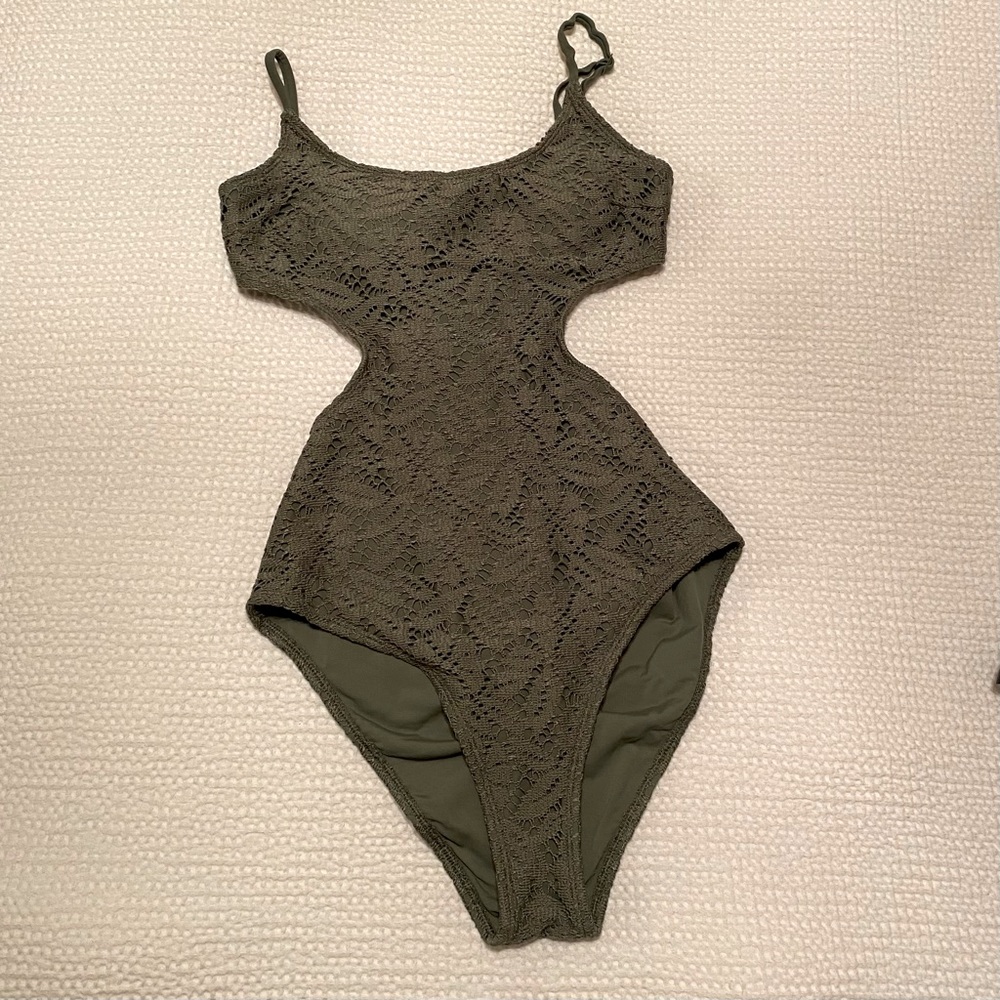 Aerie | hunter green crochet style one-piece with cut outs